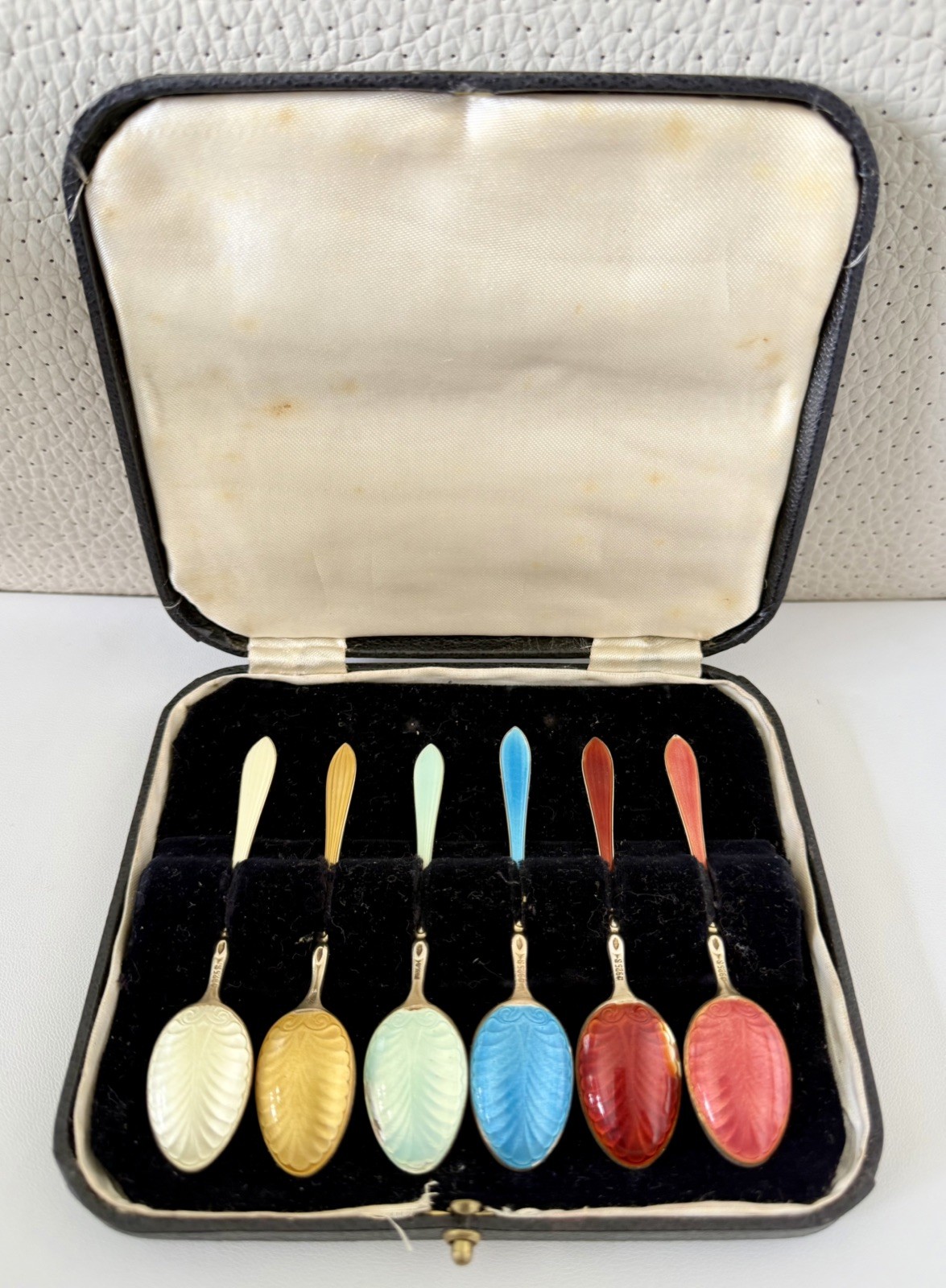Collectable Solid Sterling Silver 925 Enamel Set of 6 Spoons Norway J Tostrup