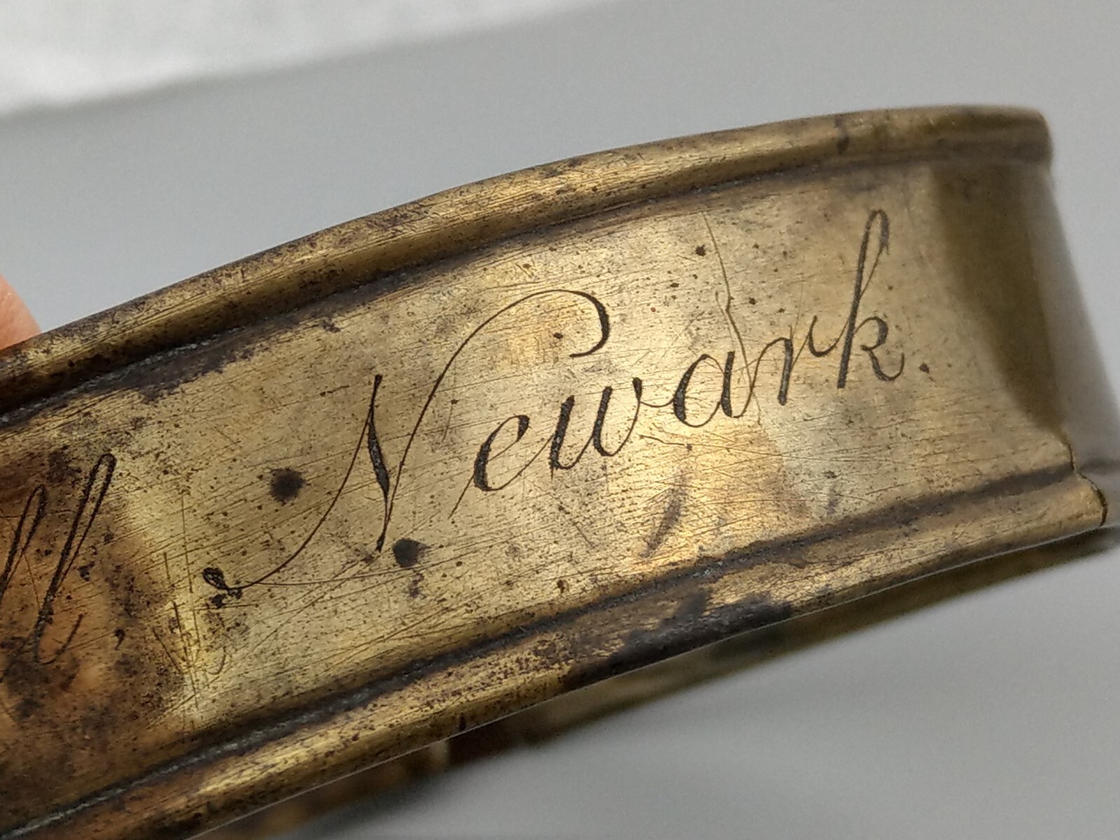 Early English sheet brass dog collar, 18th century, engraved H. Hall Newark