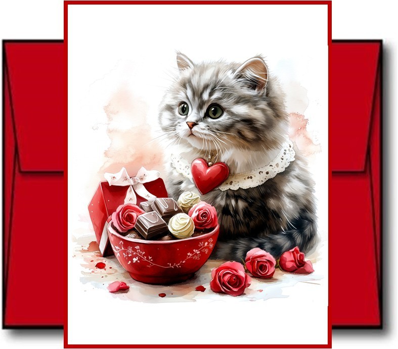 8 assorted Cat valentines glossy blank folded card w/red envelopes set 2