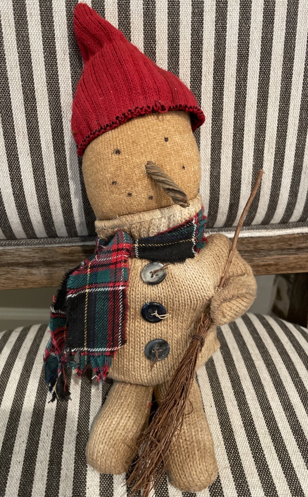 PRIMITIVE Artist Handmade Grunge CHRISTMAS SNOWMAN Old Sock Doll 12” OOAK
