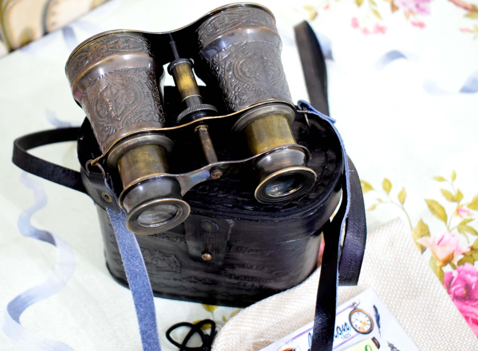 Victorian Handcrafted Brass Binoculars w/Floral Leather Case Glass – London 1857