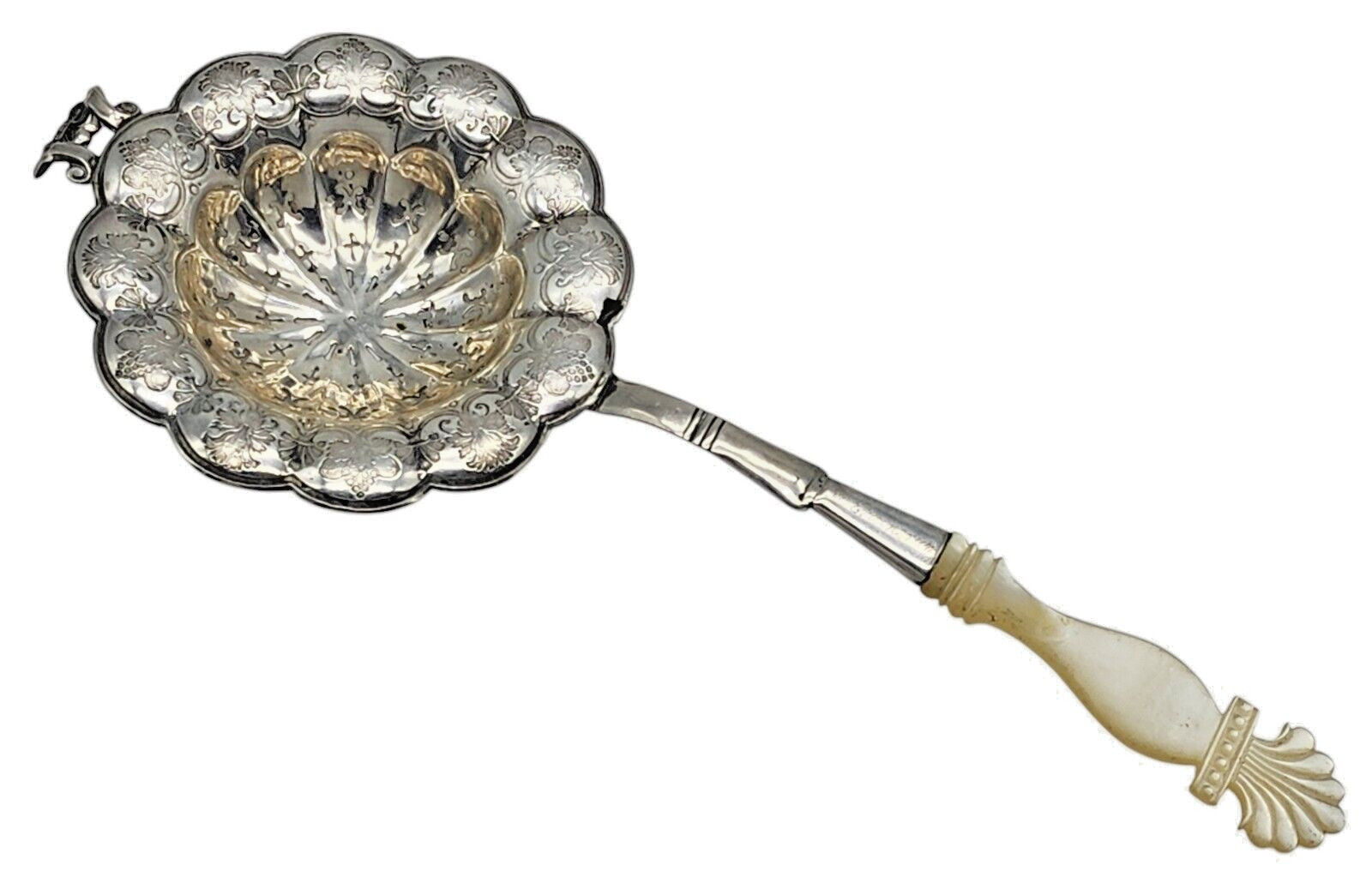 ANTIQUE Sterling Silver Carved Mother of Pearl Handle Over the Cup Tea Strainer