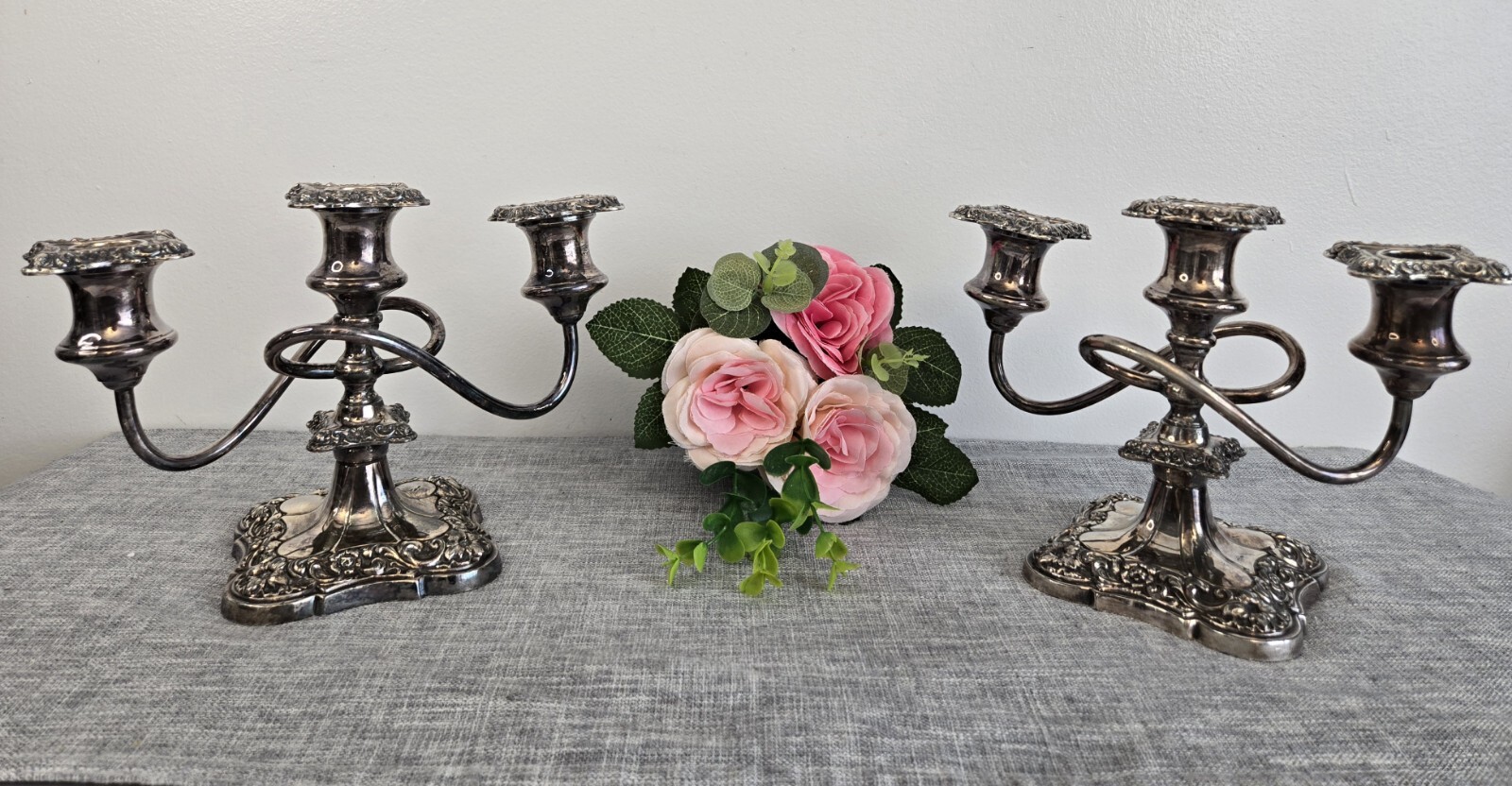 Pair Vintage Proctor Silver Plate Candelabra Twisted 3 Branches w/Floral Design