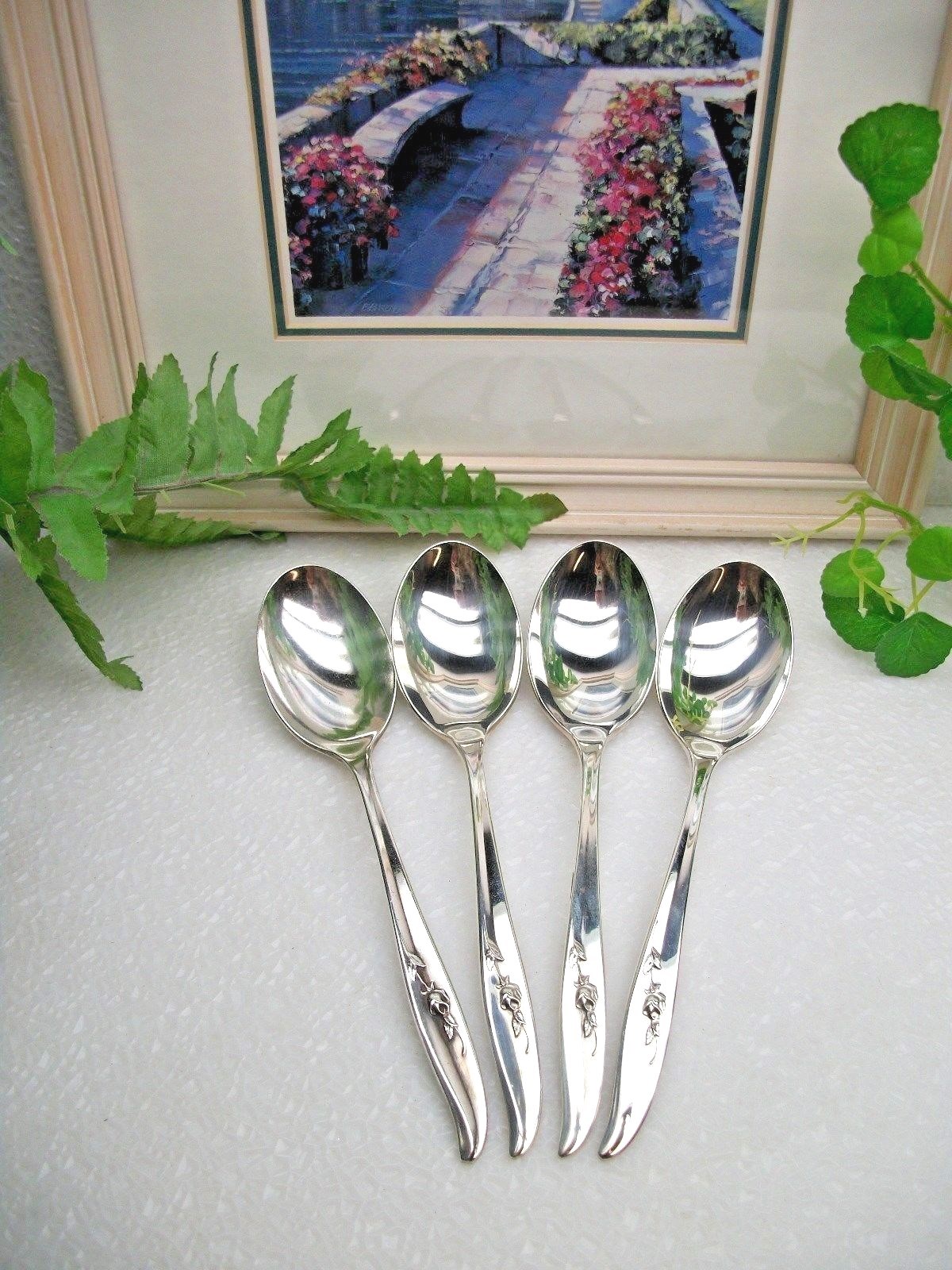 4 International Silver 1847 Rogers MAGIC ROSE Silverplate Place Soup Spoons 1963