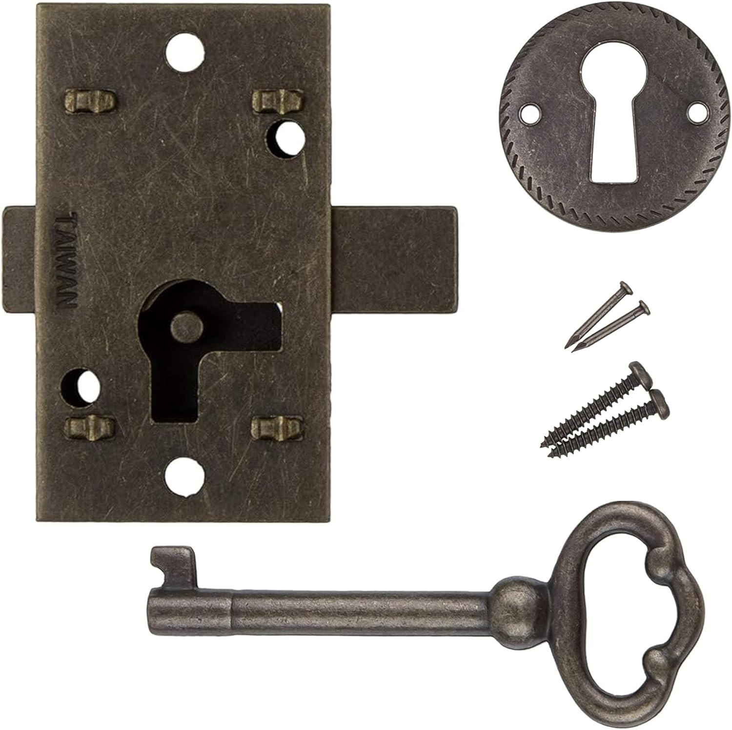 Small Antique Brass Flush Mount Cabinet Door Lock with Key – 1″ Wide X 1 3/4″ Hi