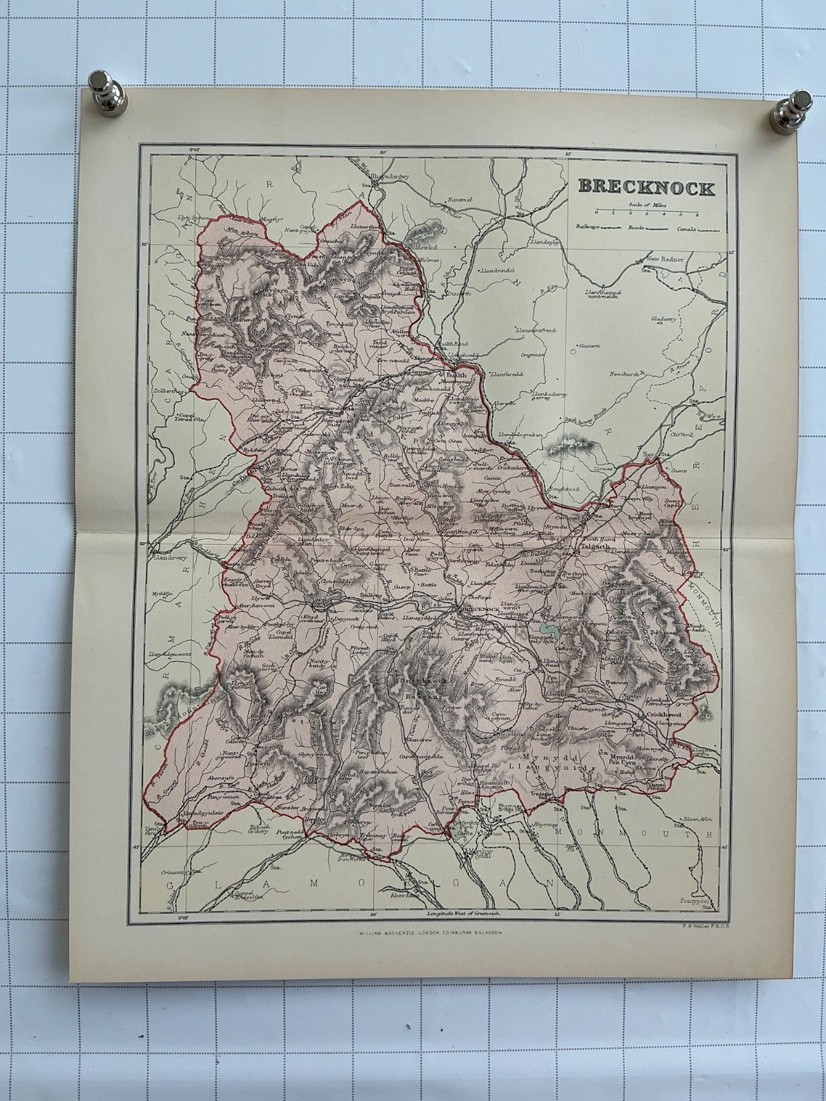 BRECKNOCK – c1891 Original Antique County Map Wales Builth Crickhowl Weller
