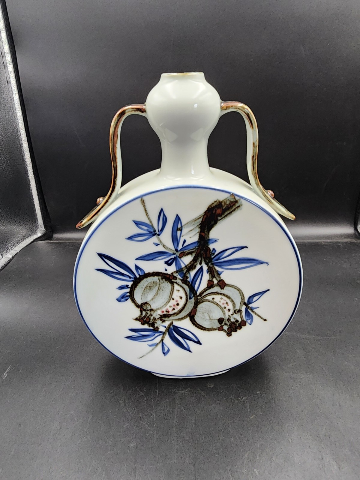 Chinese Asian Ceramic Moon Flask Vase Fig Floral Botanical Boho Eclectic Decor