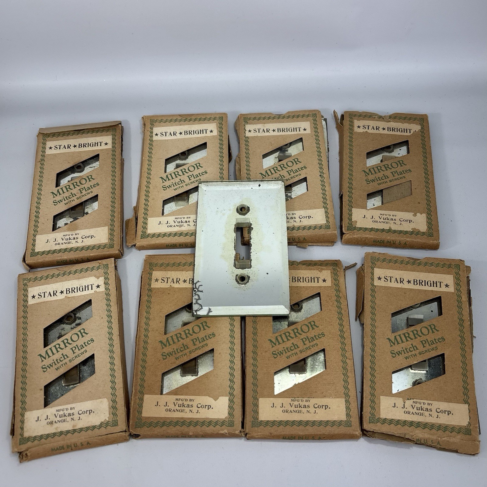 Set of 9 Vtg 1950s Mirror Glass Light Switch Plates Original Boxes HTF USA