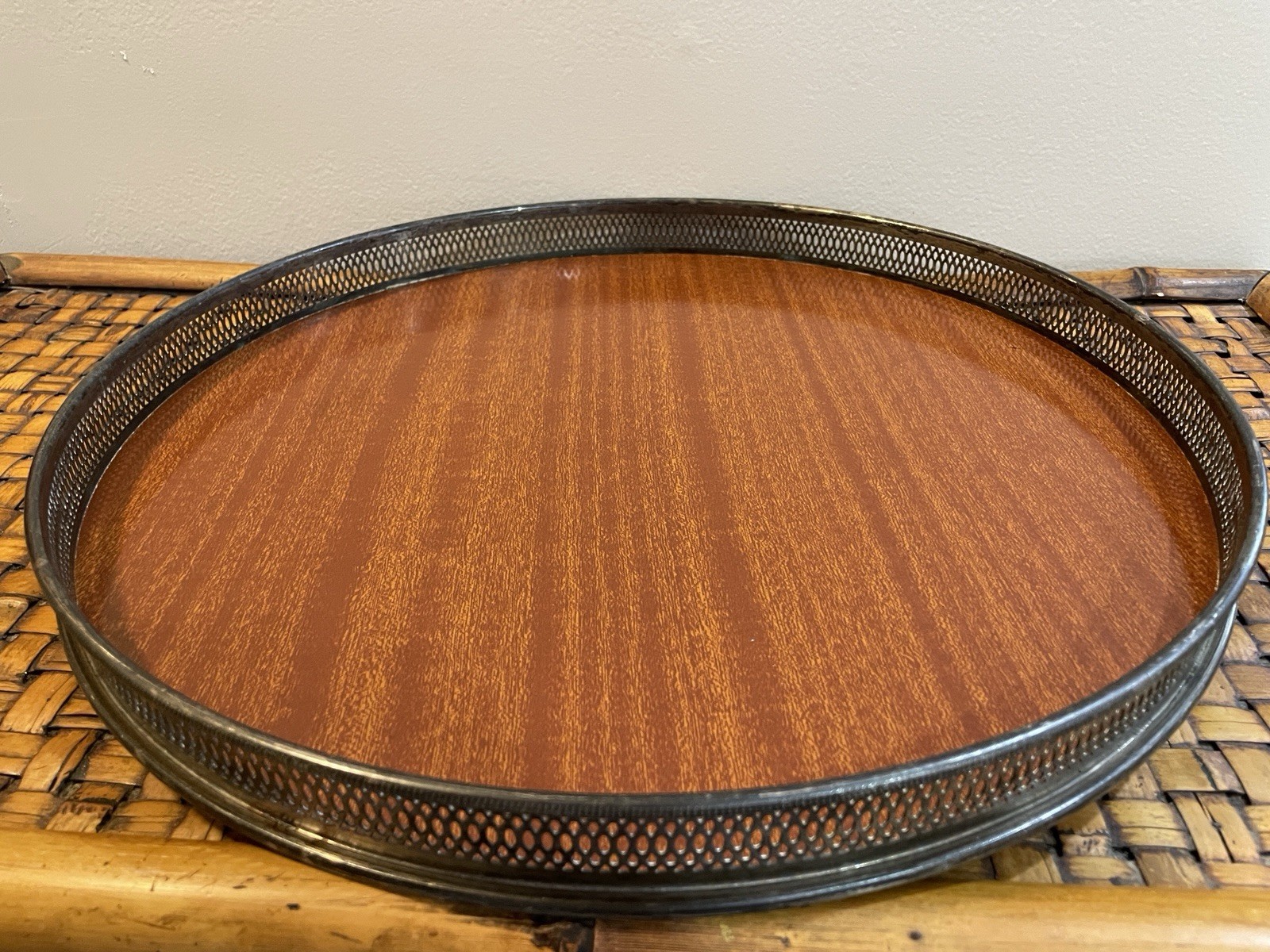 Vintage Italy Raimond Silver Plated Pierced Gallery Rim Tray W/ Wood Grain ~16”