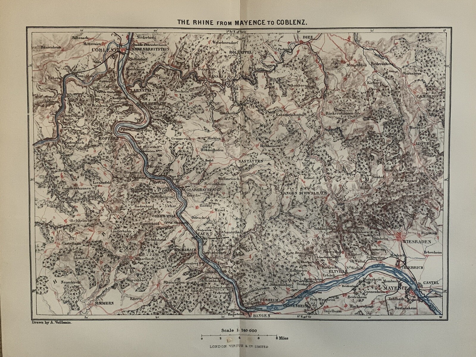 1875 Koblenz to Mainz on The Rhine Original Antique Map by A. Vuillemin