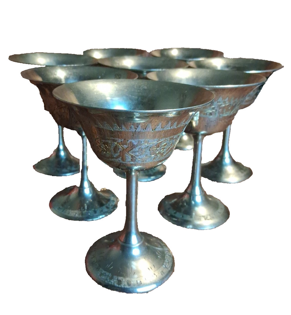 Z.Y India world gift silver plated brass plate goblets chalets set of 8 Vintage