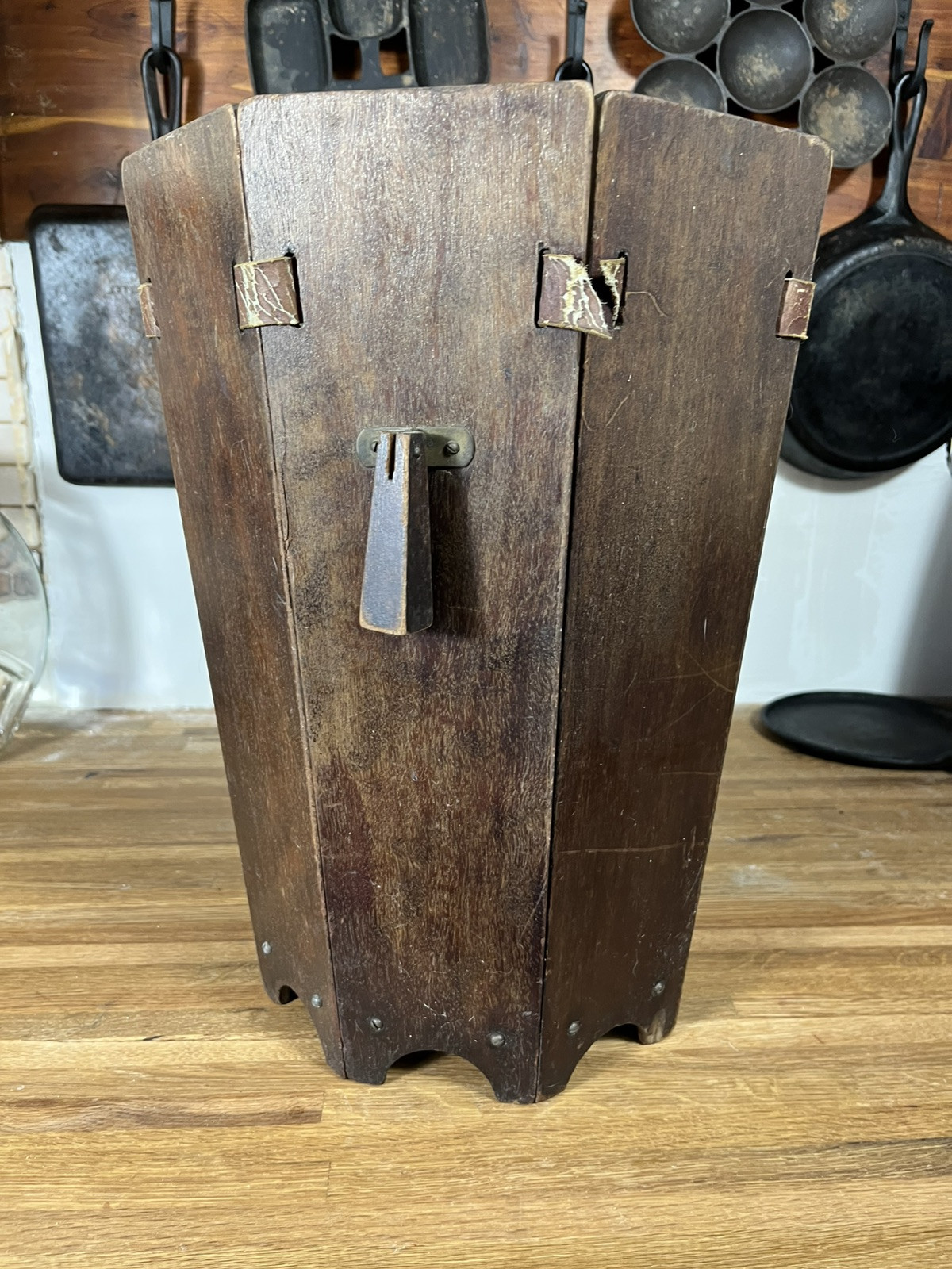 Antique Leather Wood Mission Arts & Crafts Waste Paper Basket
