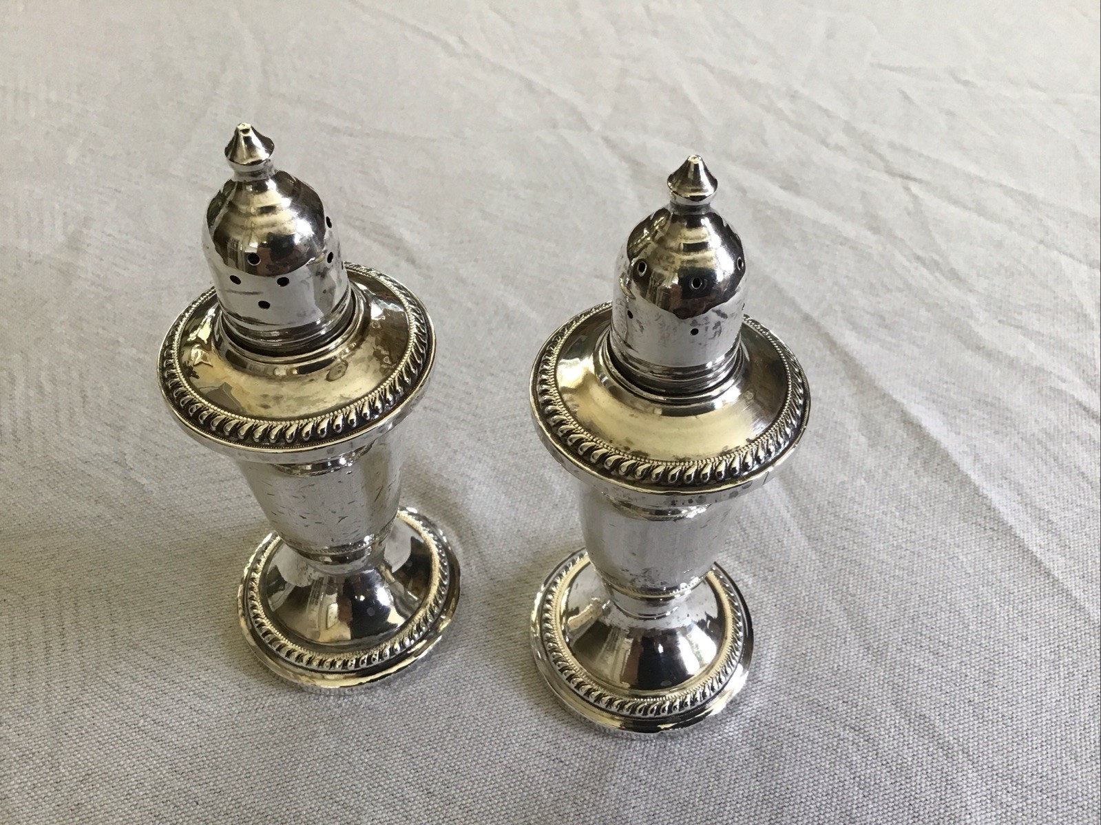 National Sterling Silver Glass Lined Salt & Pepper Shakers, Rope Border