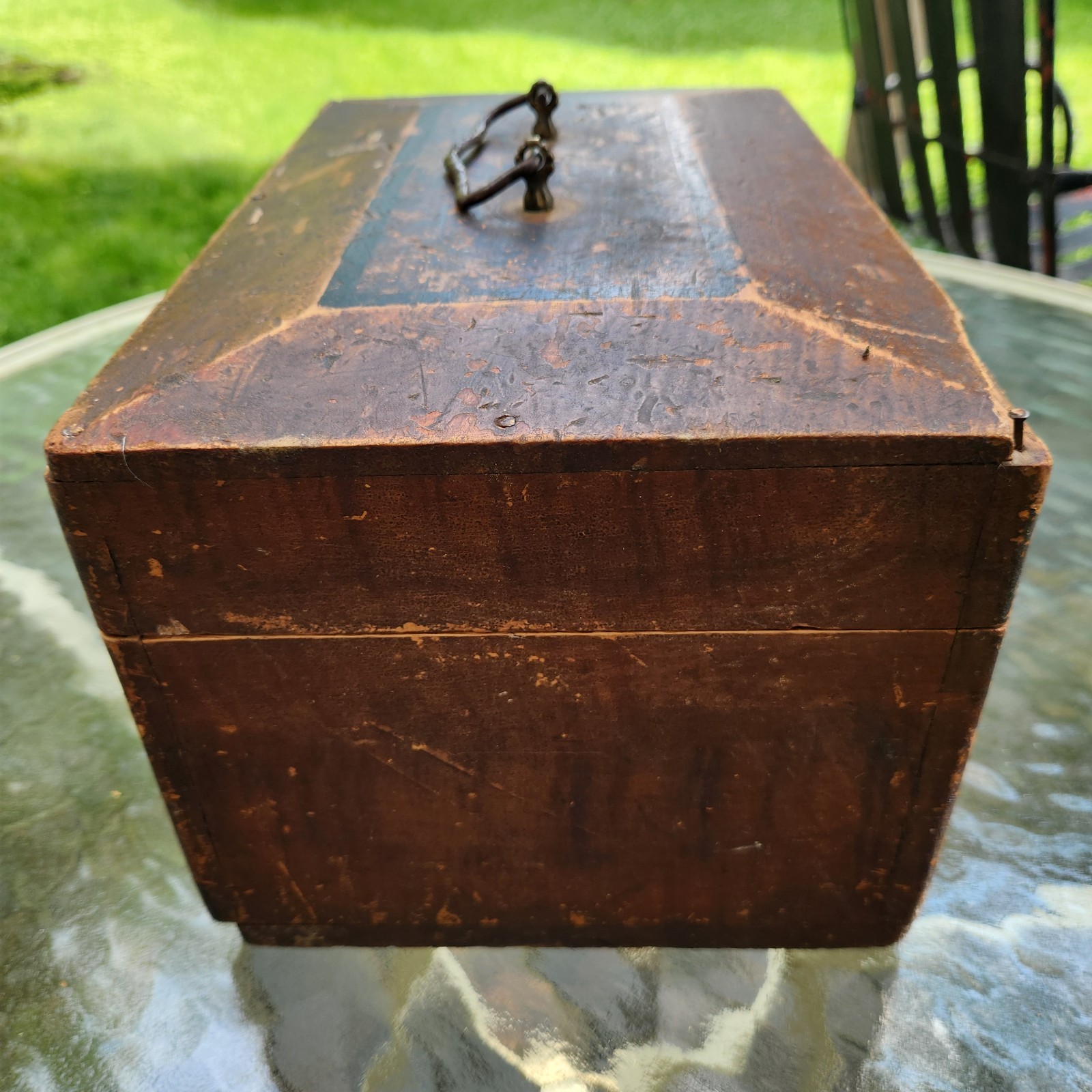 Antique Primitive Small Travel Trunk Ditty, Wood Doc Box Dovetailed Corners