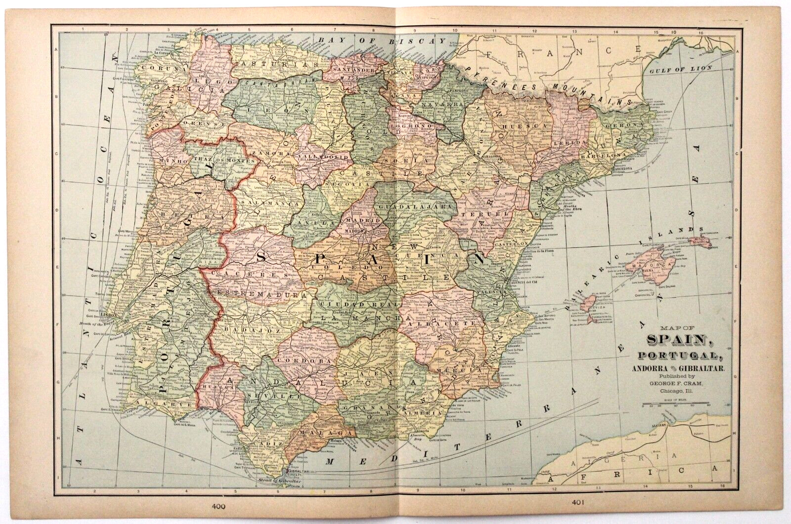 “SPAIN & PORTUGAL, ANDORRA, GIBRALTAR” Antique authentic map 1907