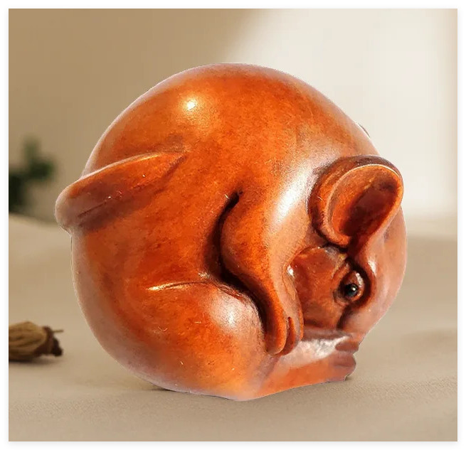 Y8210 – Lovely 1.6″ Hand Carved Boxwood Netsuke Figurine – Mouse Ball