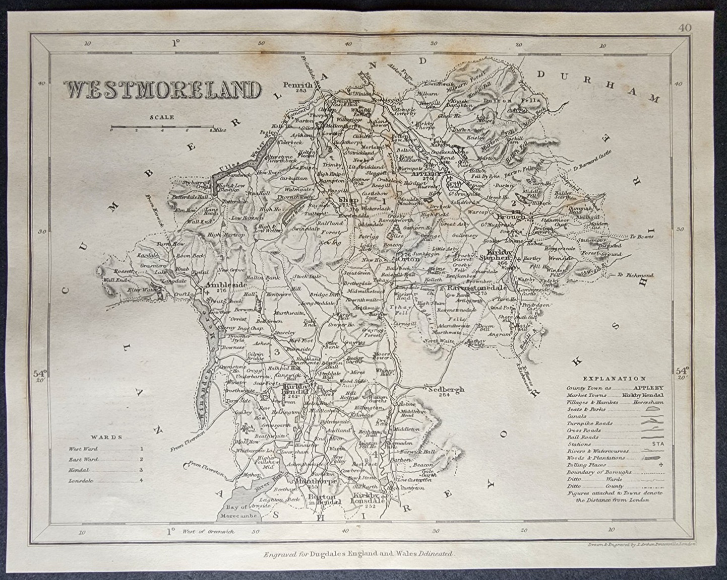 Antique c. 1850 county map – Westmorland – Joshua Archer