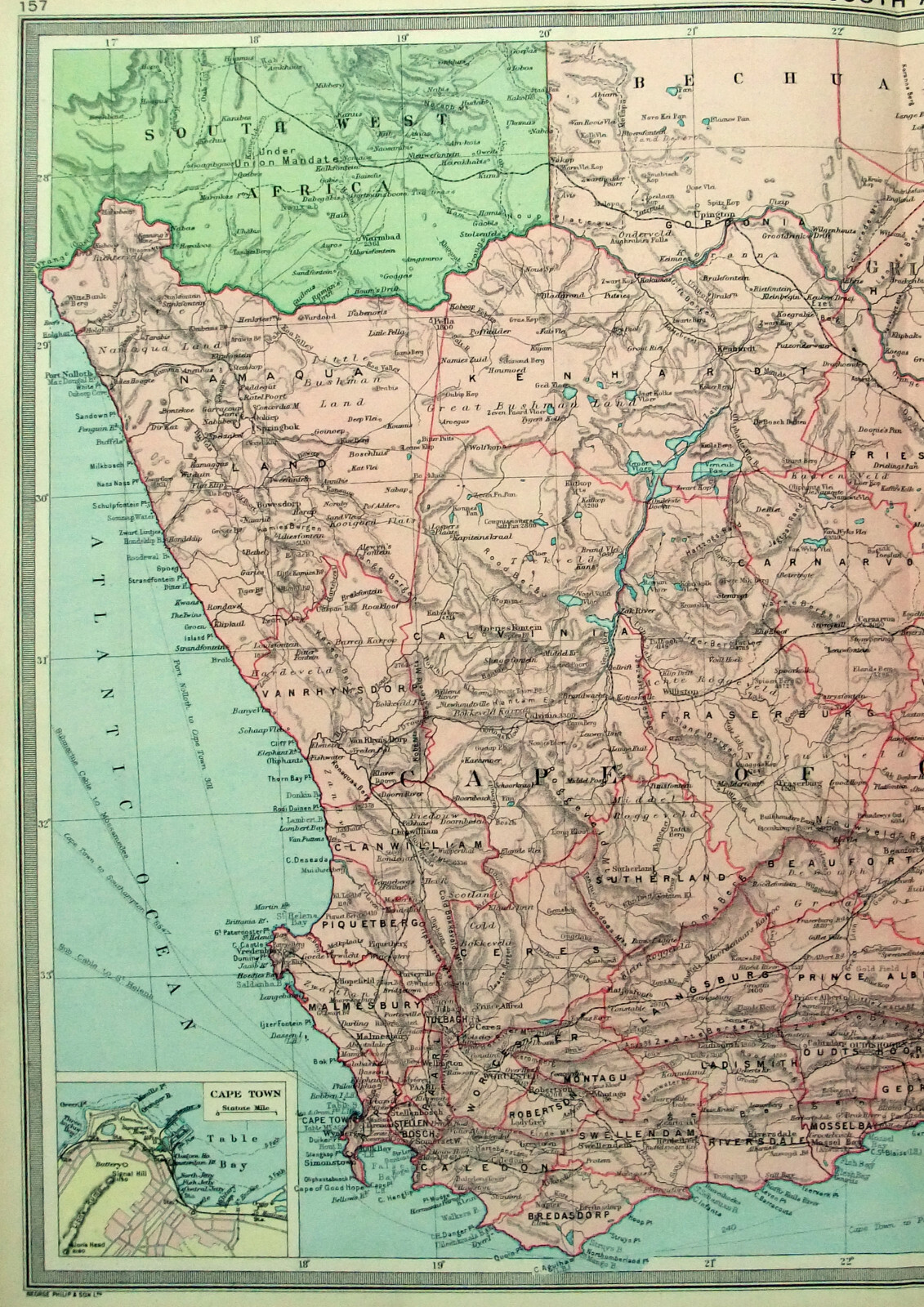 Union of South Africa – Western – Large Original 1926 Map by George Philip.
