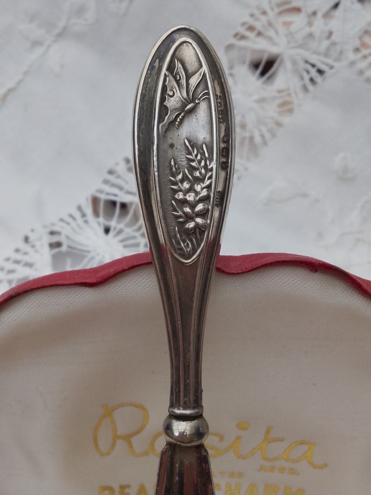 Art Nouveau 1909 Birmingham Silver Handled Steel Shoe Horn Butterfly Flowers