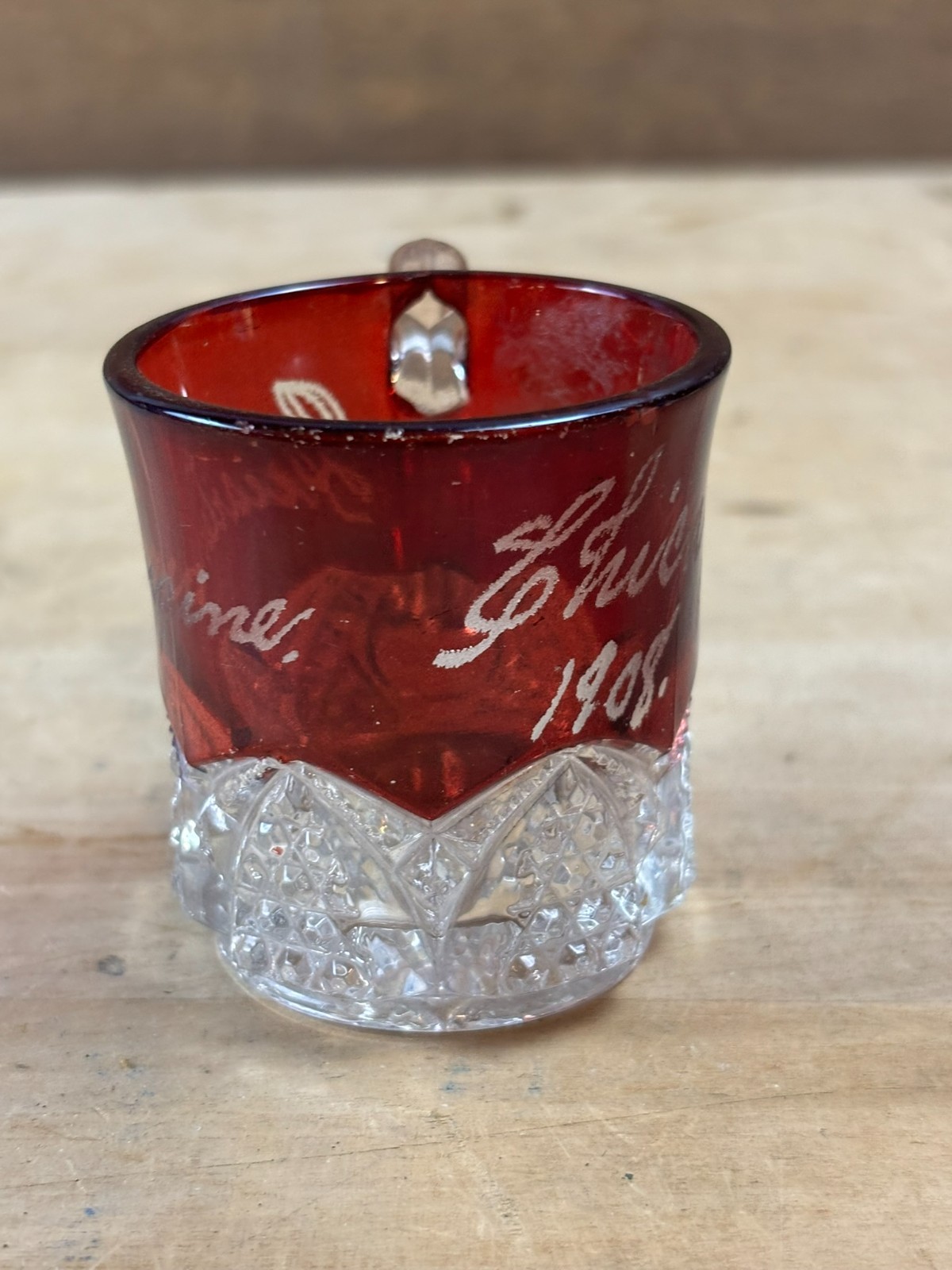 #22G Antique Chicago 1908 Ruby Red Flash Souvenir Glass Cut Glass Coffee Mug