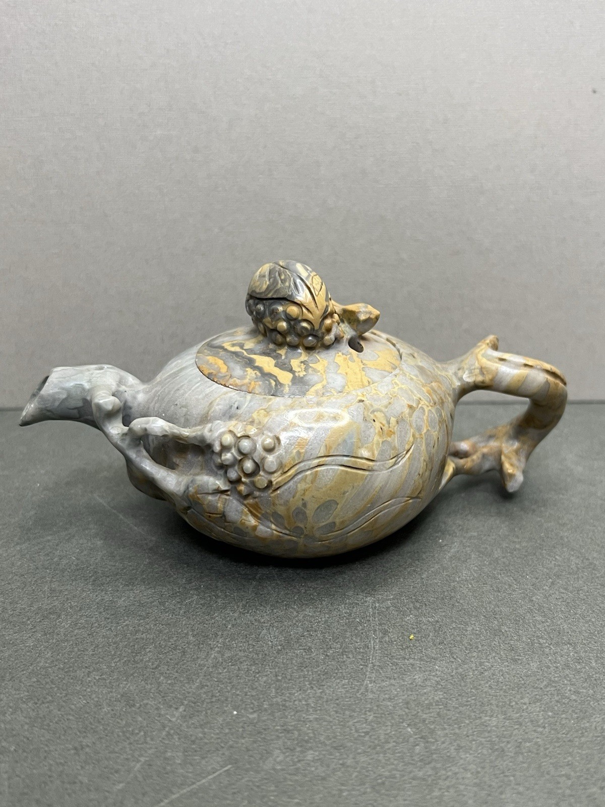 Vintage, Antique Chinese Carved Disphyllum Fossil Stone Teapot, Grey, Yellow