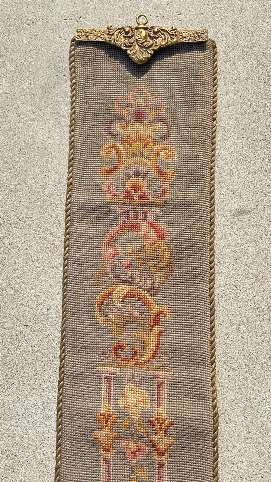 Vtg Needlepoint Bell Pull Wall Hanging Floral Urn Tapestry Bronze Hardware 60”