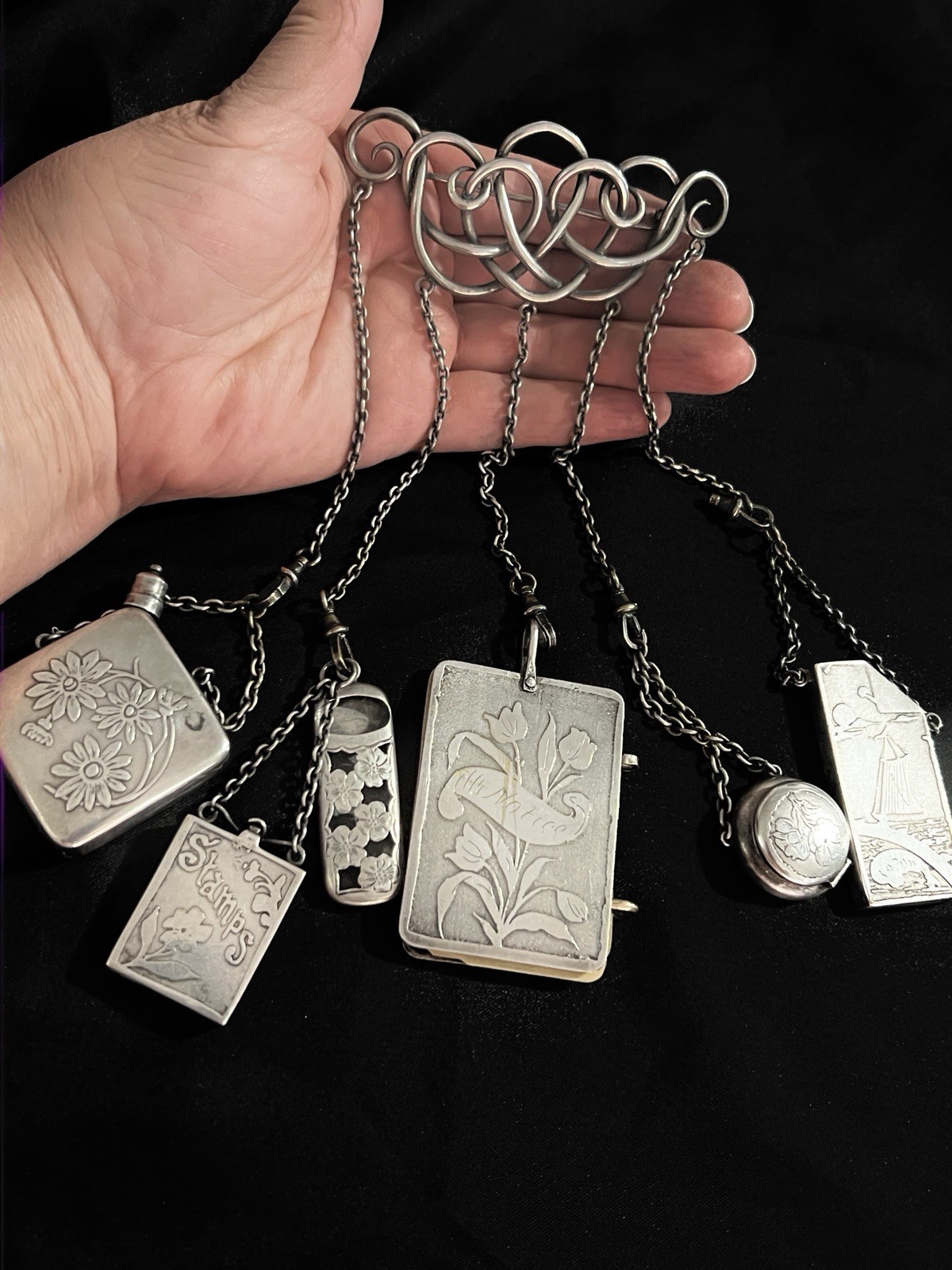 ANTIQUE VICTORIAN STERLING SILVER CHATELAINE FROM 19 CENTURY LARGE UNIQUE AS IS