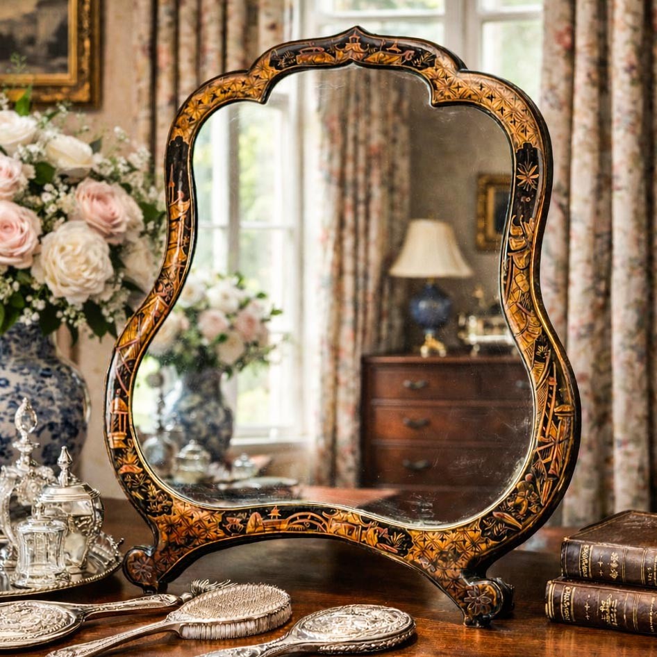 Wonderful Large Antique Chinoiserie Japanned Lacquer Dressing Table Mirror