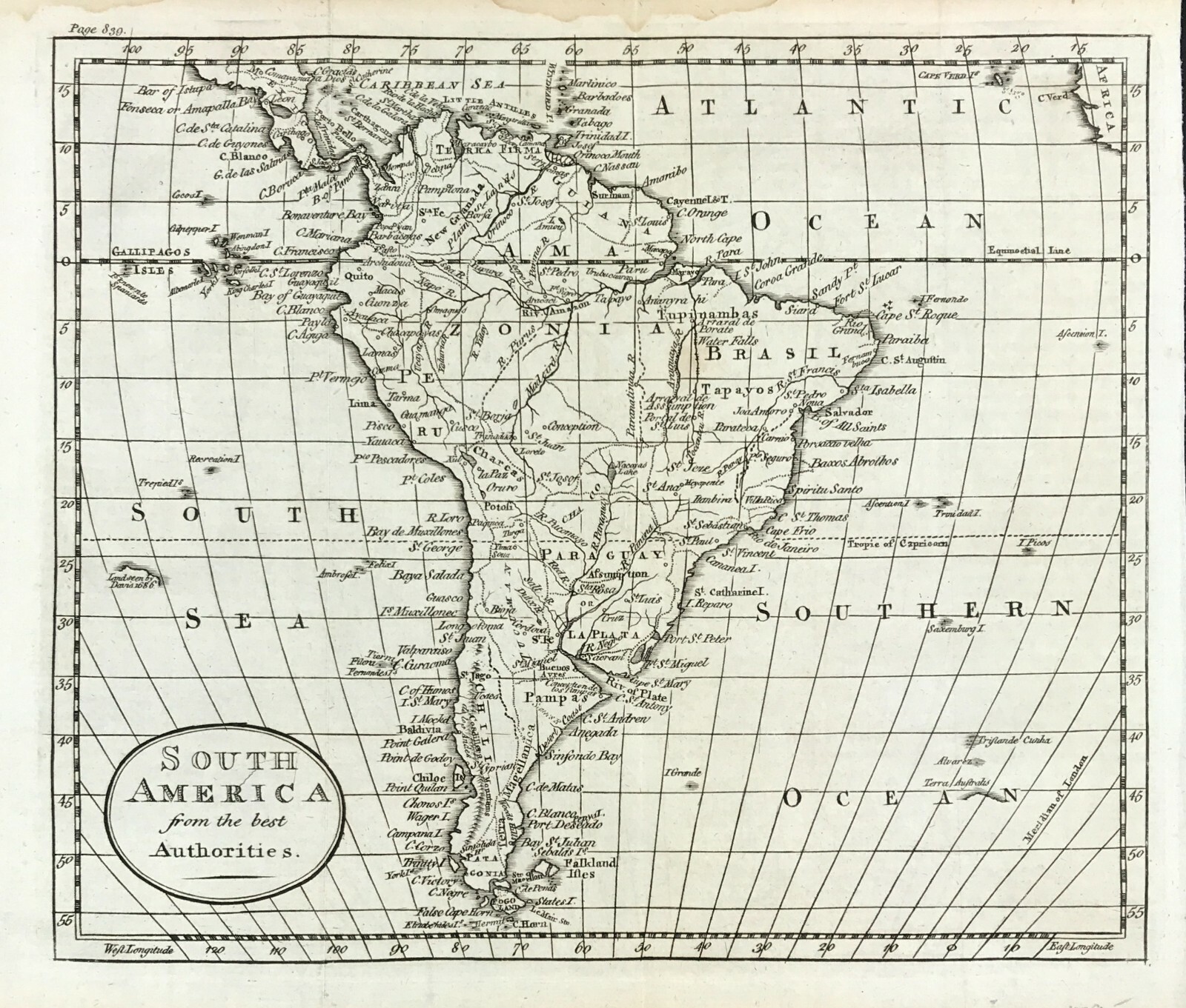 South America map from Best Authorities map by Guthrie 1792 Original