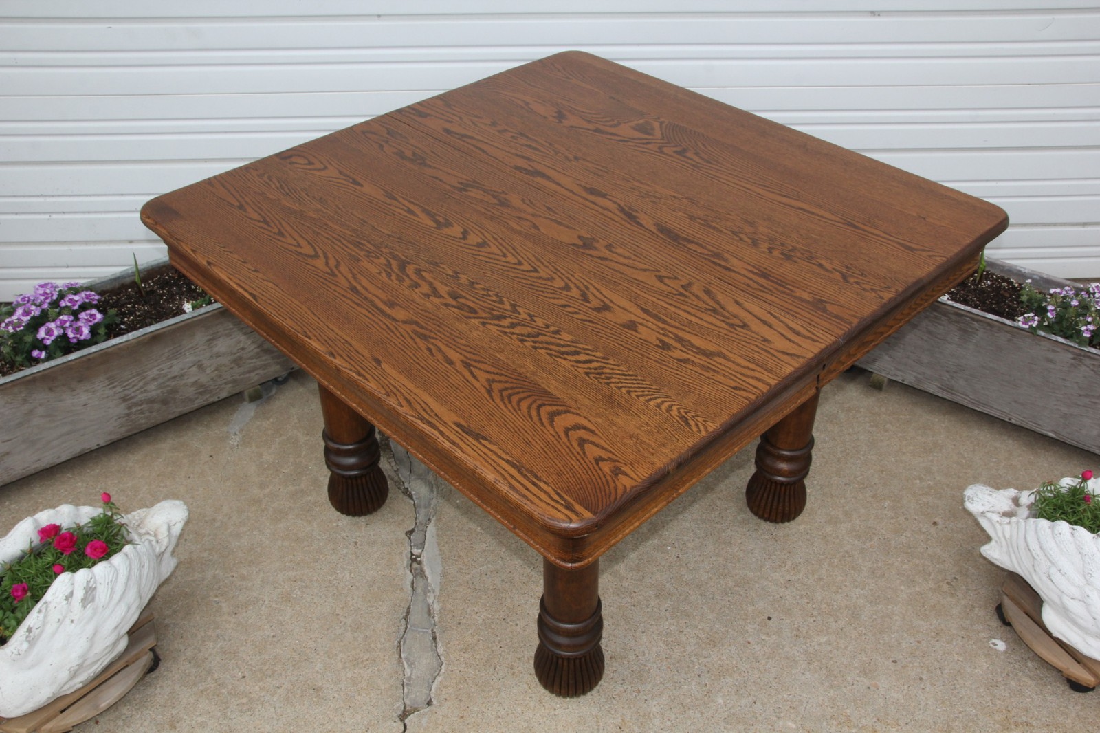 Antique Solid Oak 45″ Square Kitchen Dining Table w 5 Fluted Legs opens to 96″