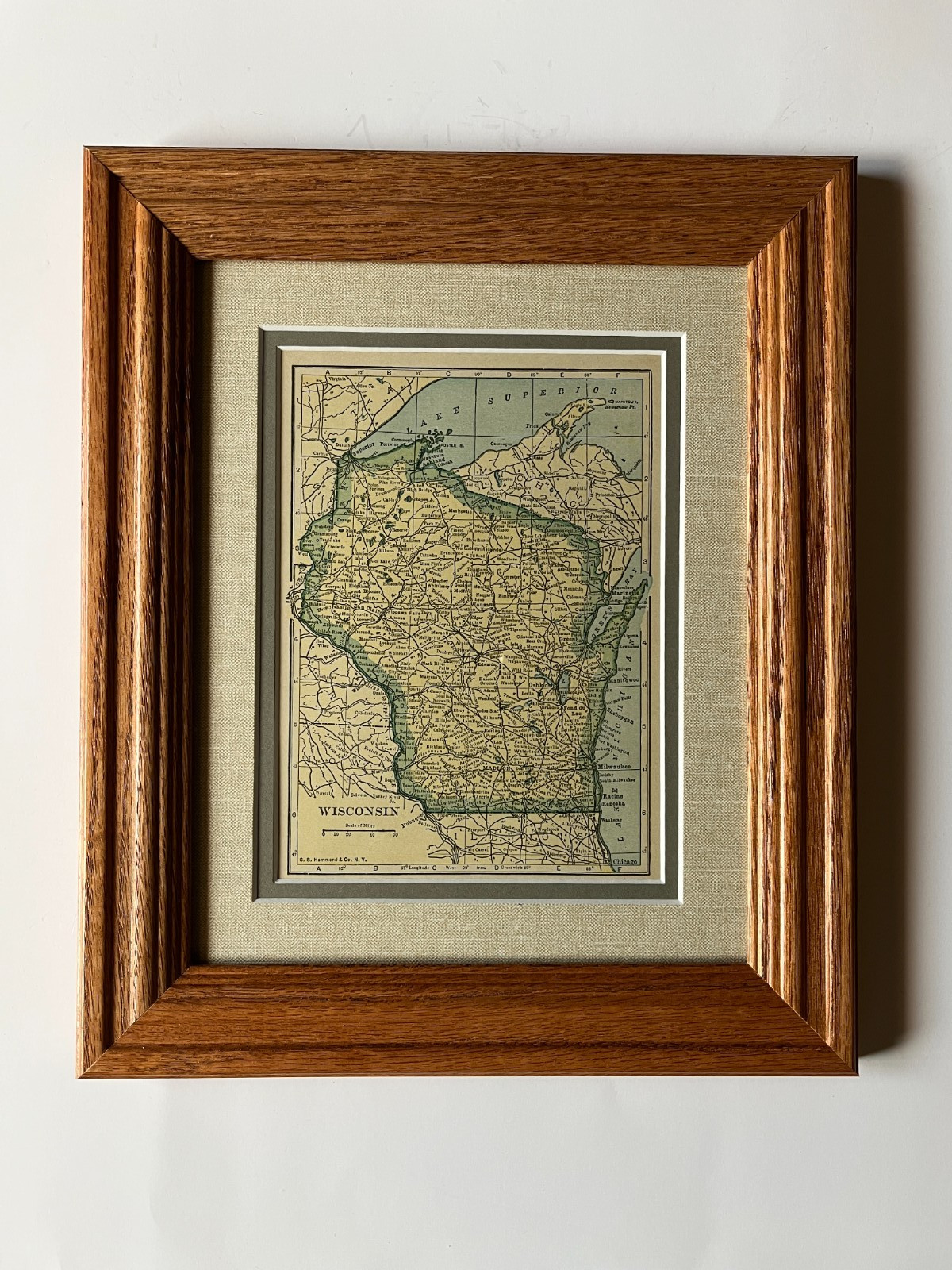 1927 WISCONSIN State Map by C.S. Hammond, Frame/Double Mat SEE DESCRIPTION
