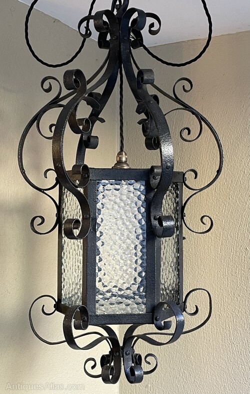 Vintage Decorative Scroll Wrought Iron & Glass Lantern Ceiling Light Hall Porch