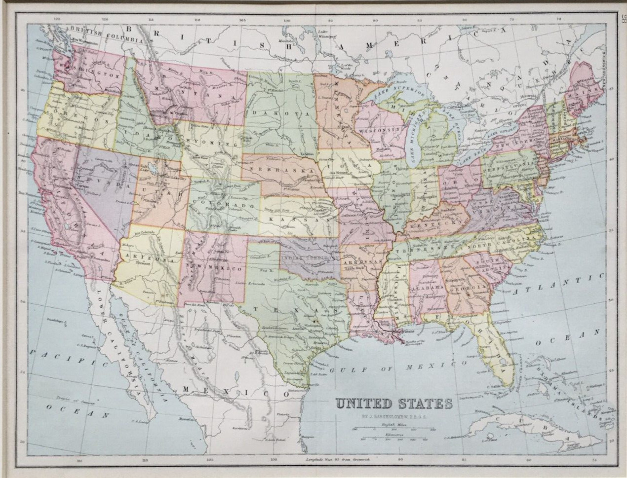 USA Map – by J Bartholomew Antique Map 19th Century c1880