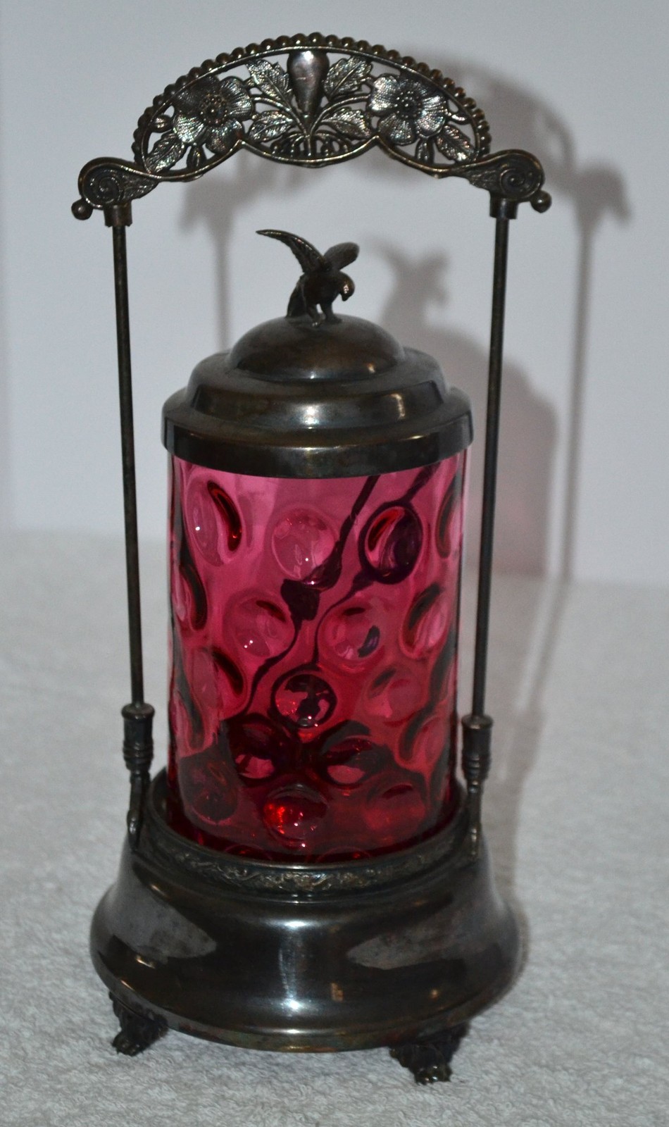 Victorian Pickle Castor Cranberry Glass Silver Plate Frame & Tongs Eagle Finial