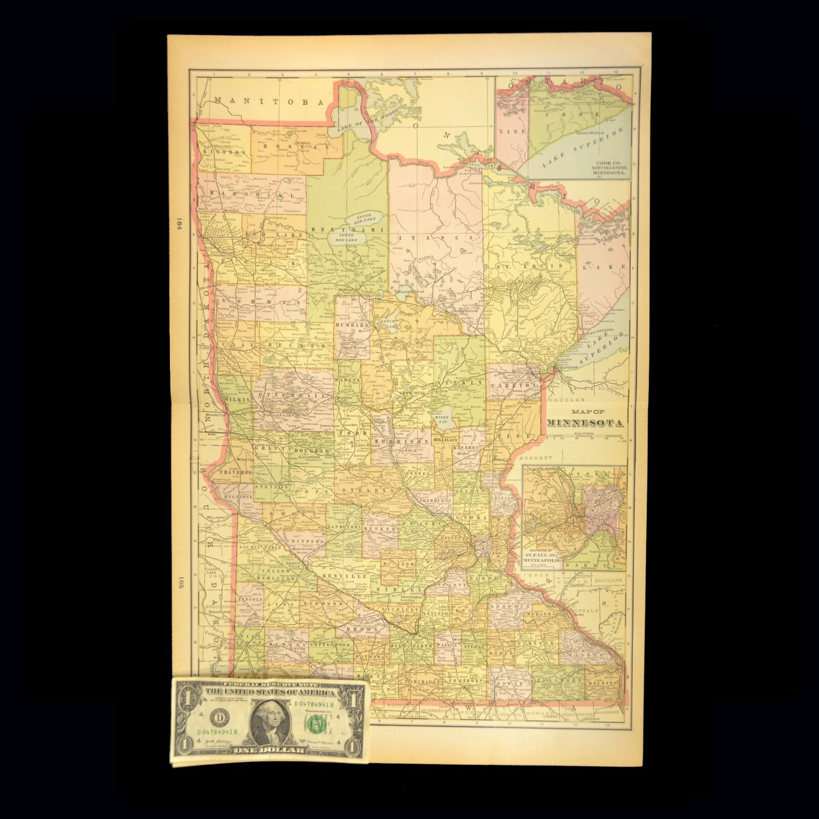 Vintage MINNESOTA Map Wall Art Old Original State St Paul Minneapolis Antique
