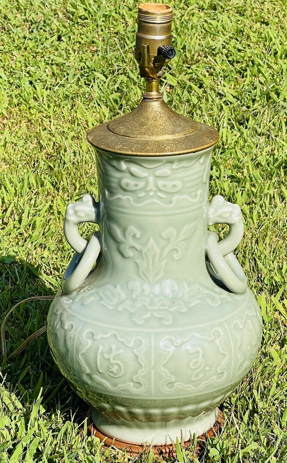 Vintage Japanese Celadon Baluster Form Vase Lamp With Dragon Handles.