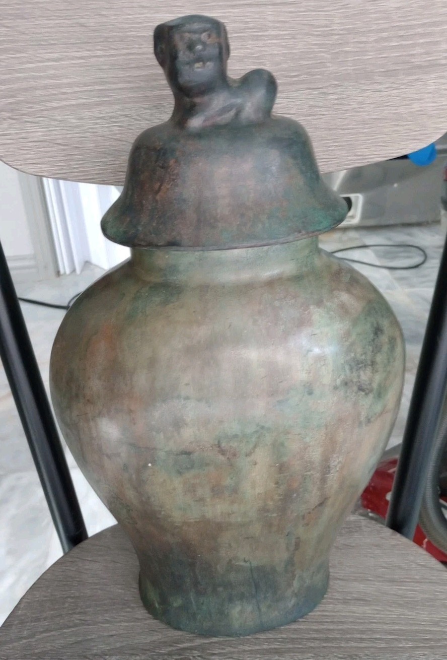 VTG Maitland Smith Vase Heavy Bronze Lidded Mantel Urn Vase Fu Dog Lid 15.5″