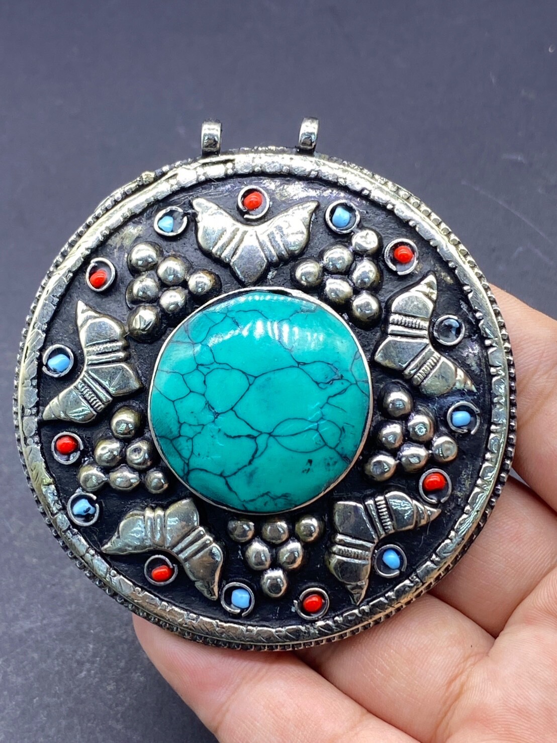 Ethnic Tribal Central Asian Jewelry’s Sliver Plated Pendant With Natural Stones