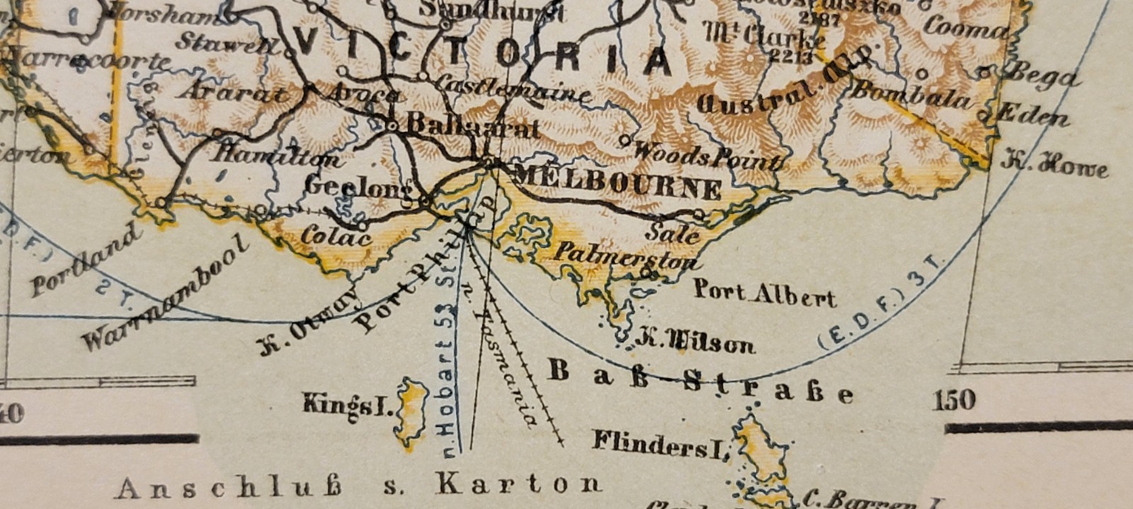 1889 color lithographed German map Meyers Australia Tasmania
