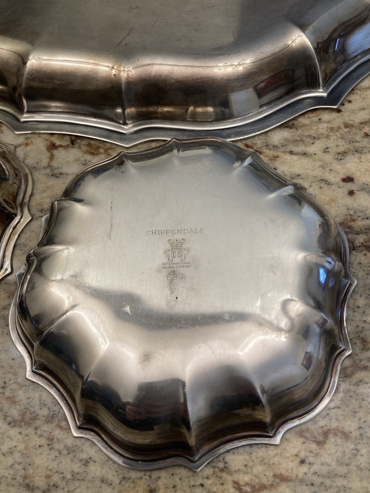 International Silver Co. Chippendale Silver Plate Scalloped 699 Tray & 692 Bowls