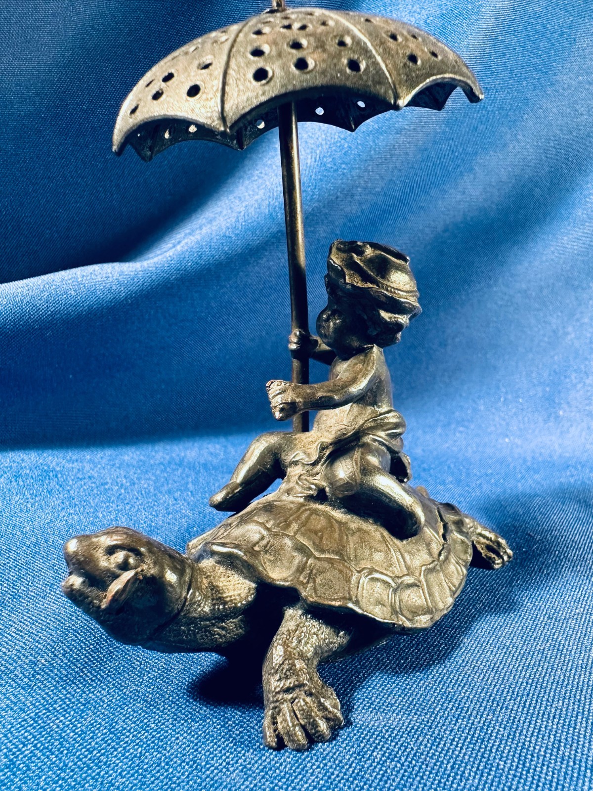 Antique 19th C Pairpoint silver plate figural toothpick holder putti on turtle!