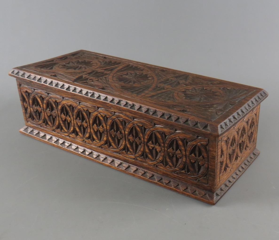 Antique 19th C. Solid Oak Chip Carved Rectangular Wooden Glove Box 12″