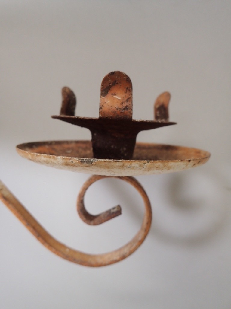 (2) Antique Rusty Wrought Iron Post Mount Candle Holder Primitive Original 1800s