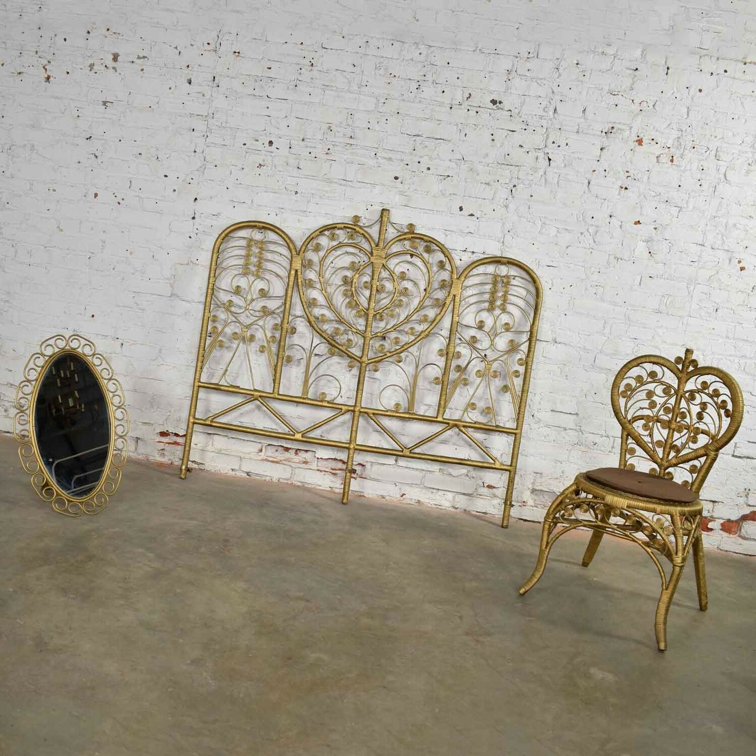 Hollywood Regency Bohemian Bedroom Trio Gold Wicker Headboard Heart Chair & Mirr