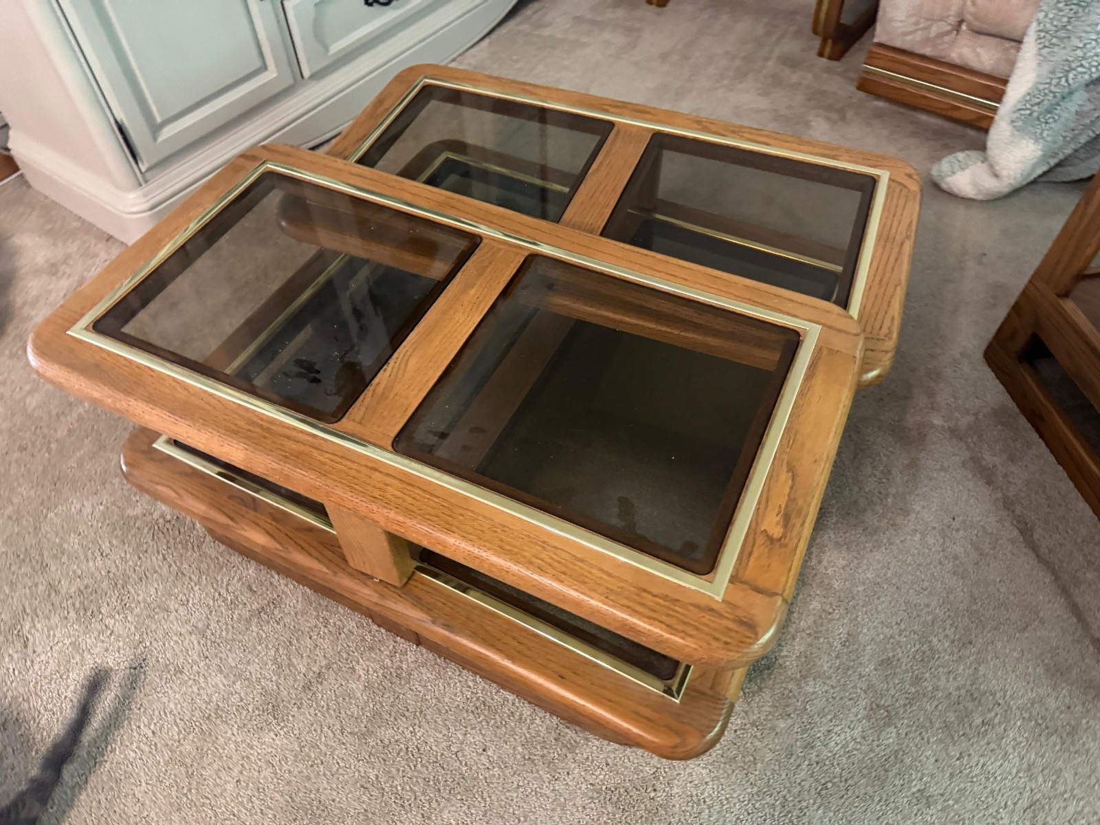 1980’s Oak Swivel Glass Coffee Table Three Tiered Surfaces To Set Your Items On.