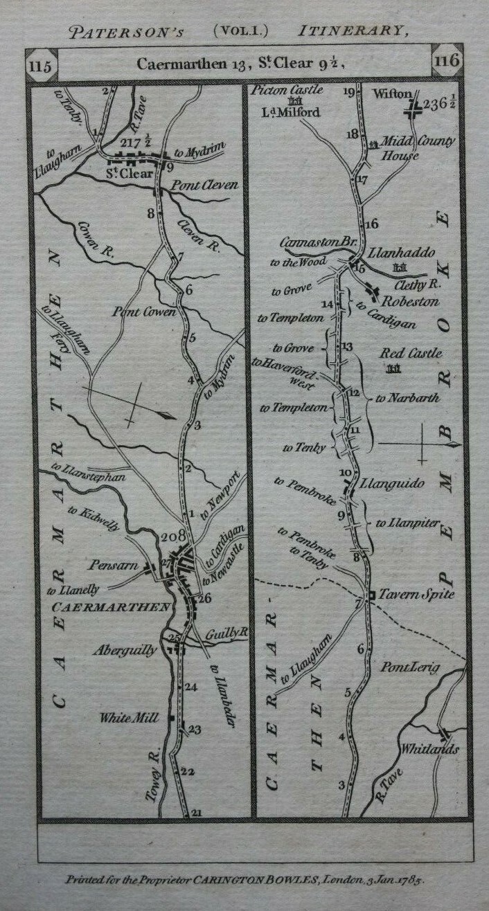 Original antique road map BRECON, CARMARTHEN, PEMBROKESHIRE, Paterson 1785