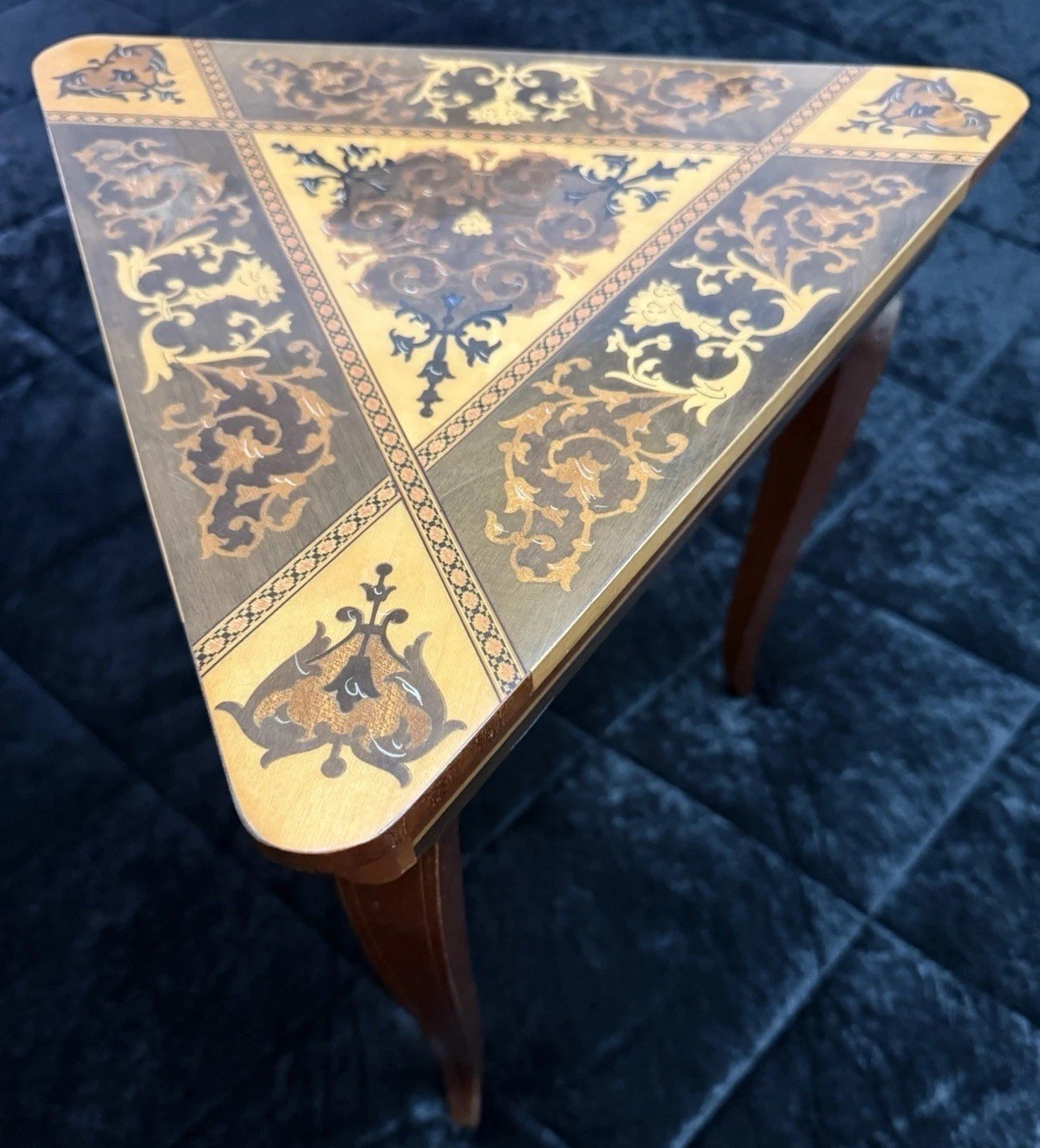 Vintage Italian marquetry inlaid wood triangular music box side table (Working)