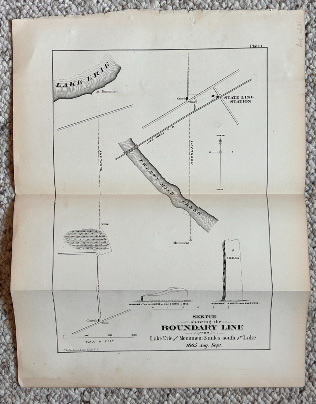 Antique 1865 Lake Erie To Monument South Of Lake Boundary Line By Vanbenfhuysen