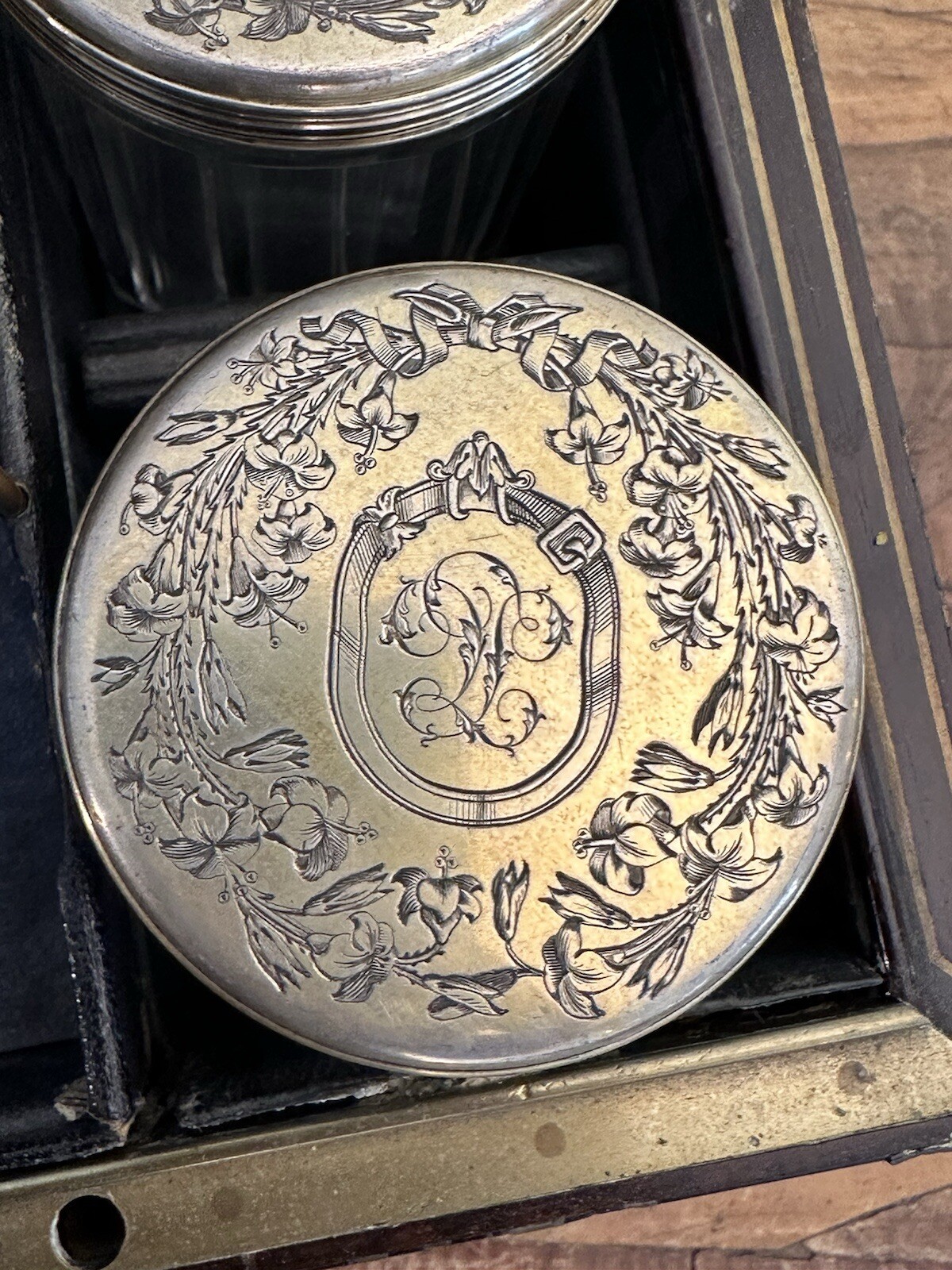 Antique 19th Century French Toilet Box with Silver Pieces