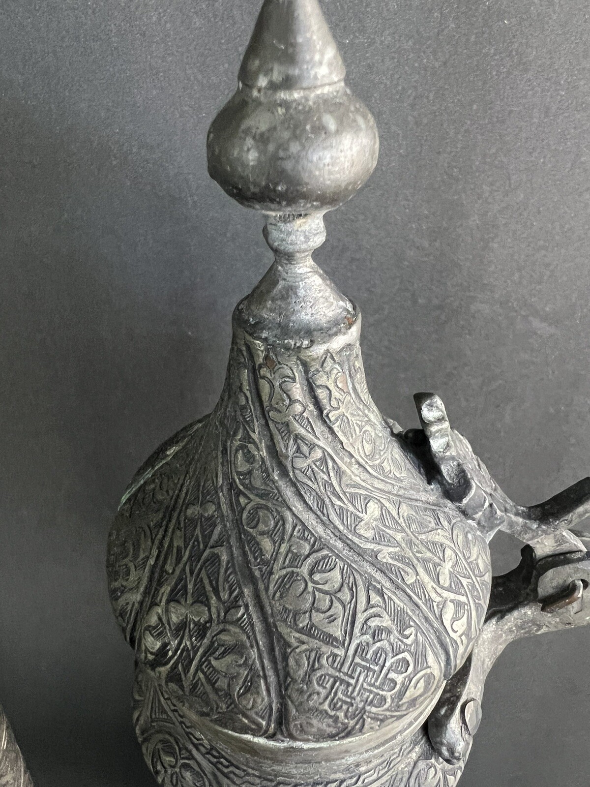 Large antique Middle Eastern Islamic Turkish Engraved Tinned Copper Ewer H21.75”